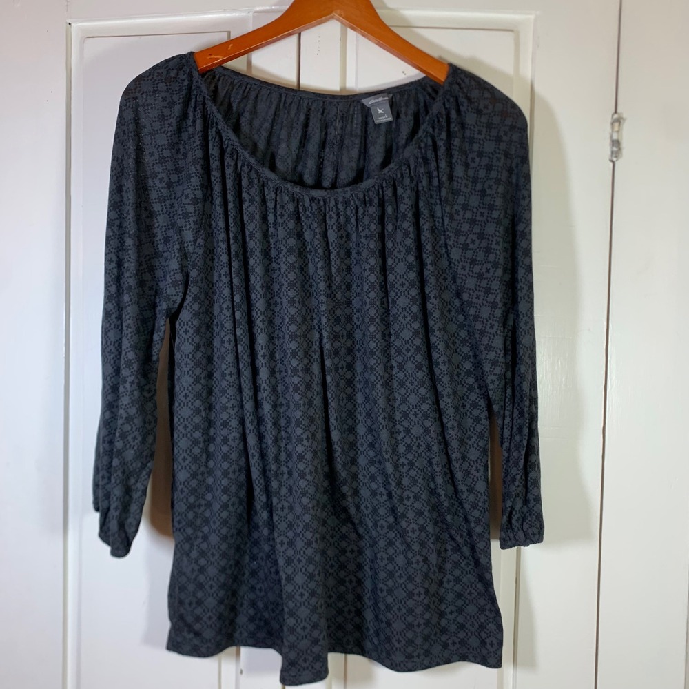 Eddie Bauer Womens Large Gray Black Geometric Scoop Neck Long Sleeve Blouse 0836